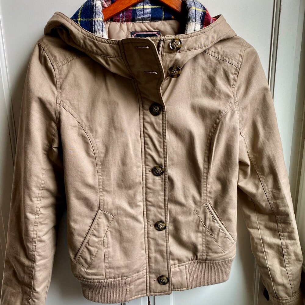 Love Tree Tan Bomber utility Jacket with hood full zip size M (fits more like S)